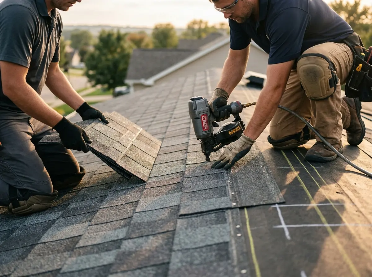 Professional roofer working on a residential roof in Hitchcock